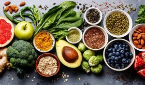 Array of healthy food options after curbing cravings