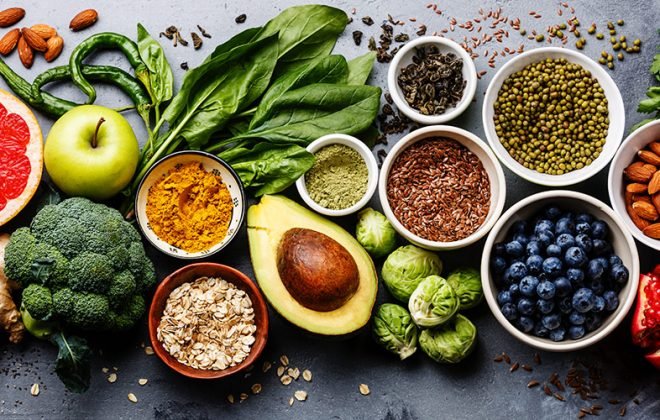 Array of healthy food options after curbing cravings